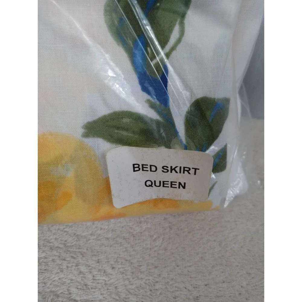 Floral Queen Bed Skirt Blue Yellow White Vintage Cottagecore Grandmacore Valance